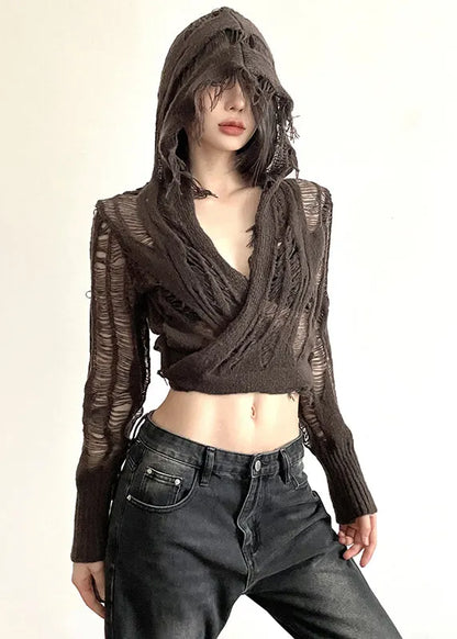 Handmade Coffee Hole Knit Hooded Top Long Sleeve