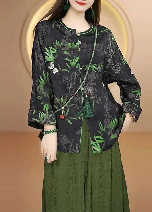 Chinese Style Black O Neck Print Button Silk Cardigan Fall