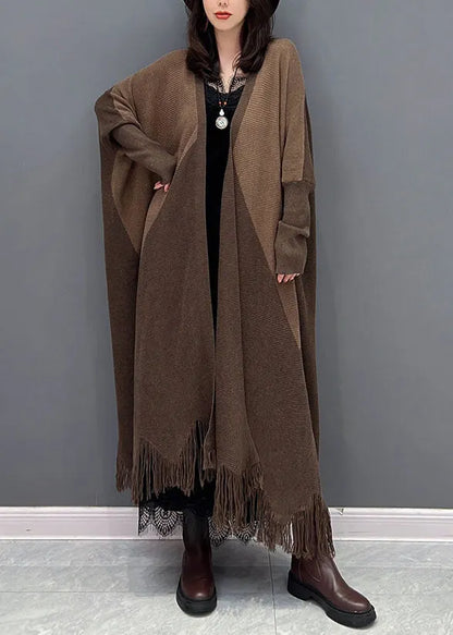 Chocolate Oversized Patchwork Tassel Knit Cardigan Batwing Sleeve