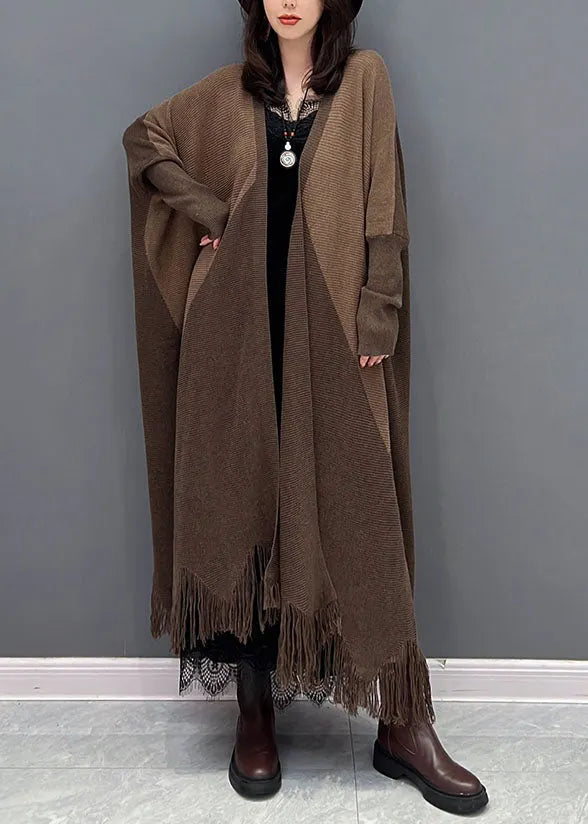 Chocolate Oversized Patchwork Tassel Knit Cardigan Batwing Sleeve