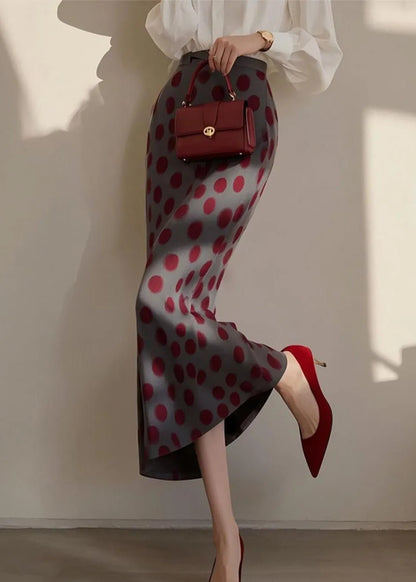 Dark Grey Dot Print High Waist Cotton Skirts Spring