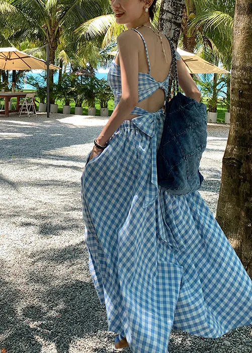 New Blue Plaid Suspended Tank Top High Waist Skirt Summer Set