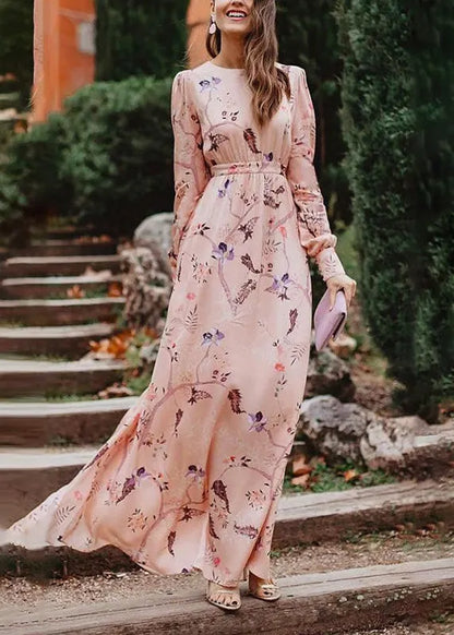 Pink Backless Print Cotton Long Dress Fall