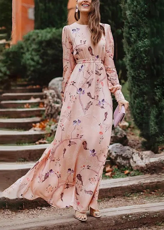 Pink Backless Print Cotton Long Dress Fall