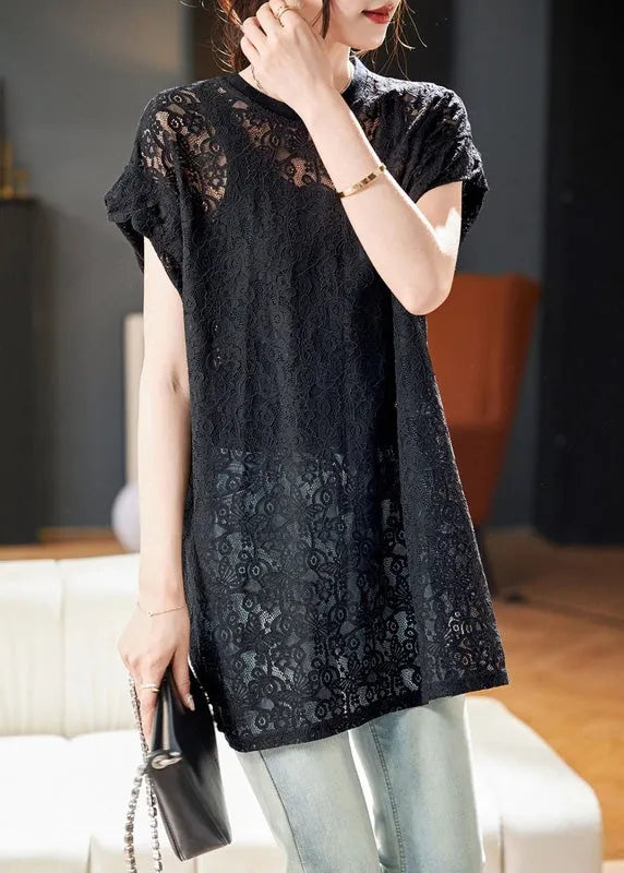 Black O Neck Hollow Out Lace Top Summer
