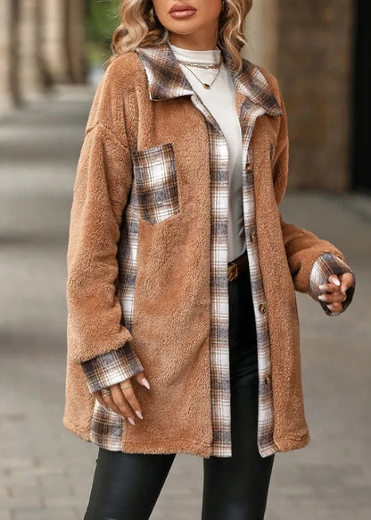 Unique Khaki Peter Pan Collar Pockets Patchwork Fuzzy Fur Fluffy Coat Fall
