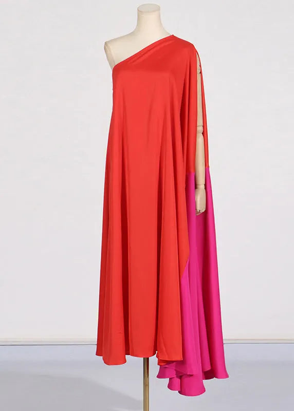 Red One Shoulder Patchwork Maxi Dress Summer