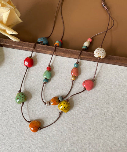 Rainbow Wax Rope Ceramic Double-layer Pendant Necklace