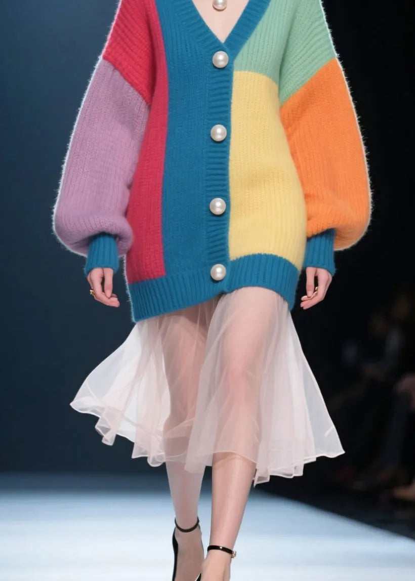 Handmade Colorblock Button V Neck Patchwork Knit Cardigan Fall