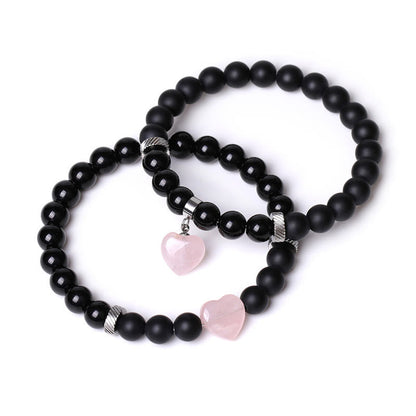 Buddha Stones 2pcs Black Onyx Crystal Stone Love Heart Protection Support Couple Bracelet