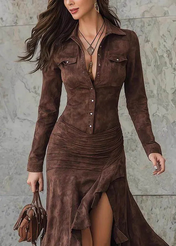 Caramel Peter Pan Collar Patchwork Side Open Velour Maxi Dress Spring