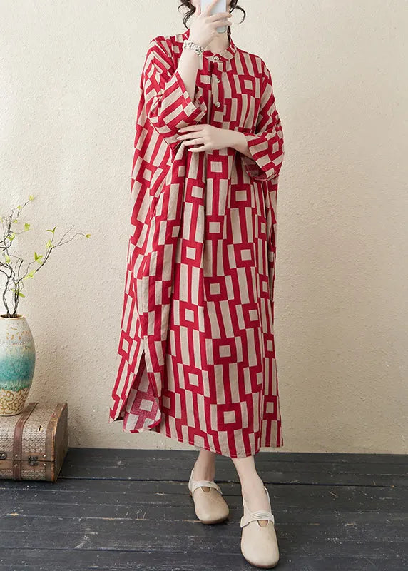 Stylish Red Stand Collar Striped Side Open Long Dress Bracelet Sleeve