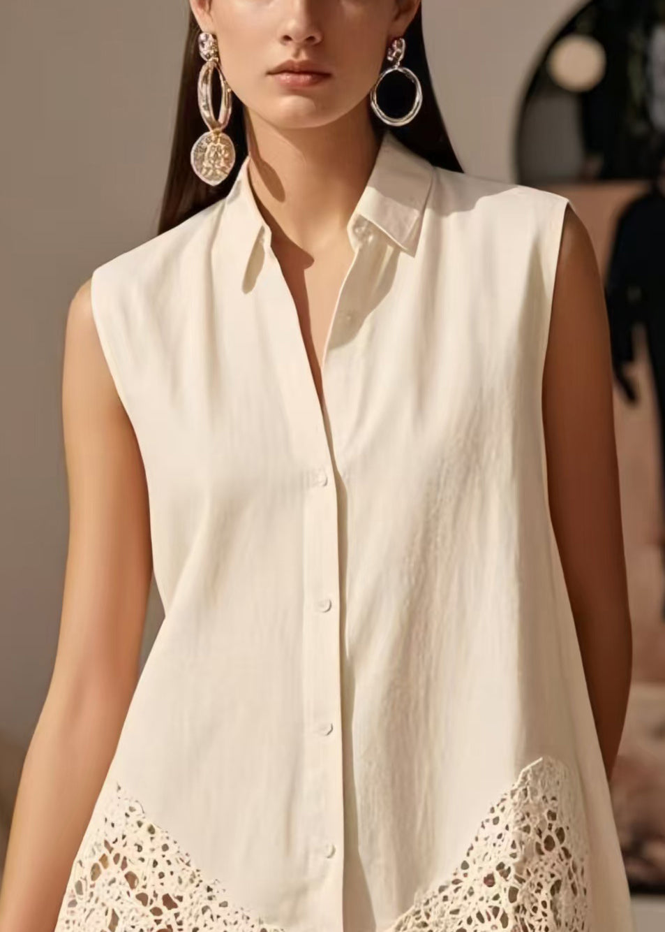 White Lace Patchwork Cotton Shirt Tops Sleeveless