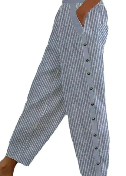 Blue Striped Pockets High Waist Cotton Crop Pants Summer