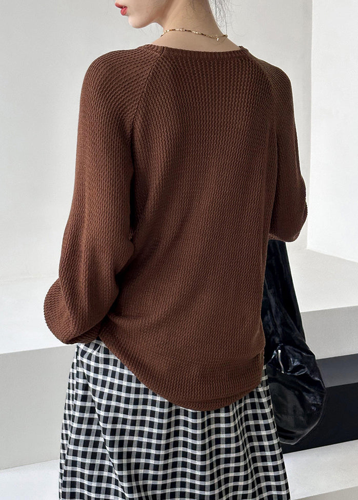 Brown O Neck Hollow Out Knit Sweaters Fall
