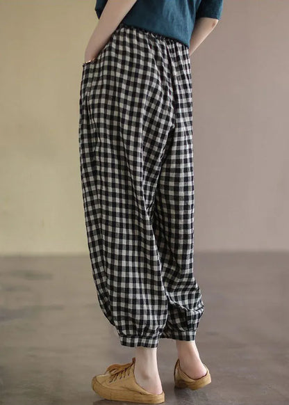Black Plaid Pockets Patchwork Cotton Lantern Pants Summer