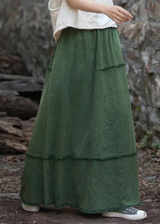 Green Pockets Raw Edge Patchwork Linen Skirt Spring
