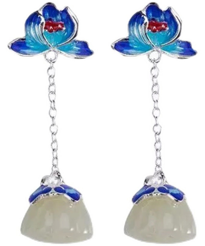 Blue Silver Jade Drop Cloisonne Lotus Earrings