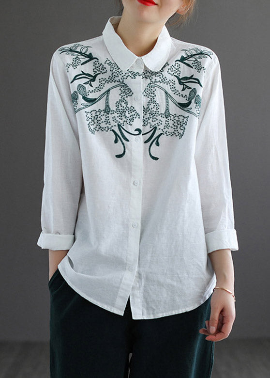 White Peter Pan Collar Embroidered Shirt Long Sleeve