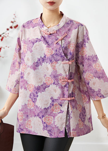 Purple Print Chinese Button Cotton Top Summer
