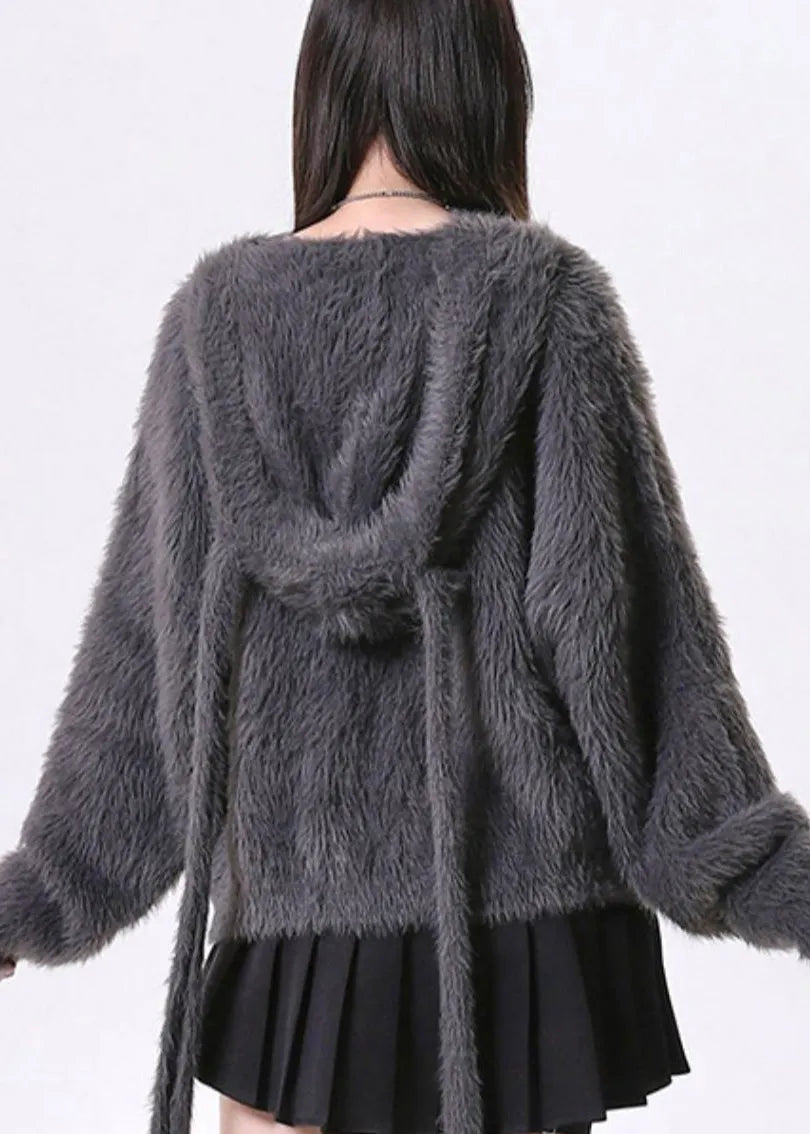Dark Grey Oversized Bow Knit Rabbit Ears Hoodies Outwear Spring