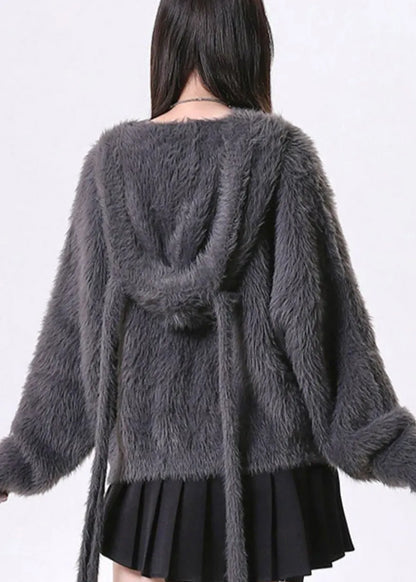 Dark Grey Oversized Bow Knit Rabbit Ears Hoodies Outwear Spring