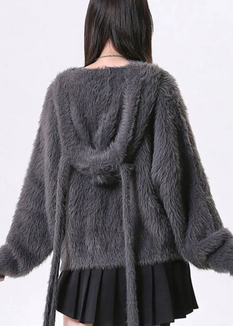 Dark Grey Oversized Bow Knit Rabbit Ears Hoodies Outwear Spring