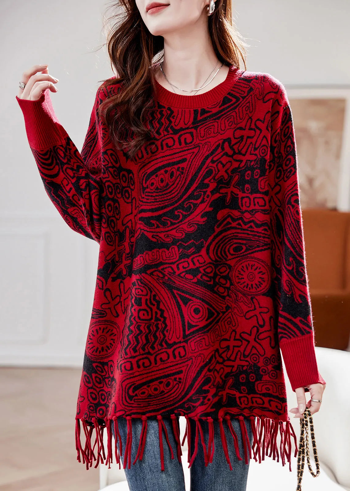 Jacquard Black O Neck Tasseled Knit Sweater Fall