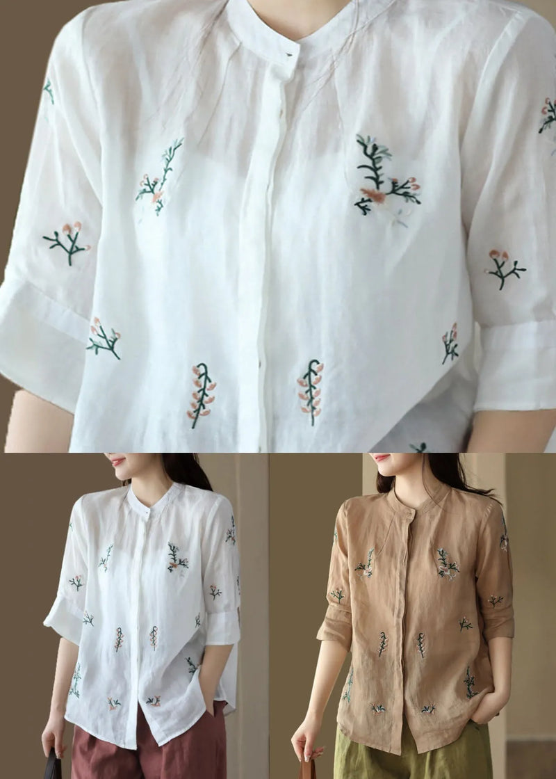 Khaki Patchwork Linen Tops Embroidered Stand Collar Button Summer