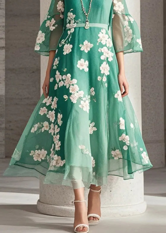 Green Print Chiffon Long Dresses Summer