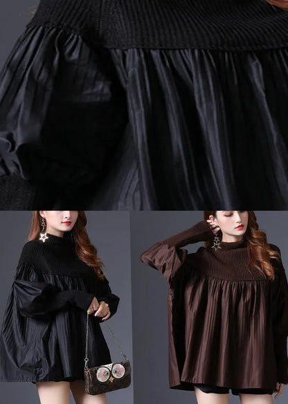 Black Turtleneck Knit Patchwork Cotton Sweater Long Sleeve