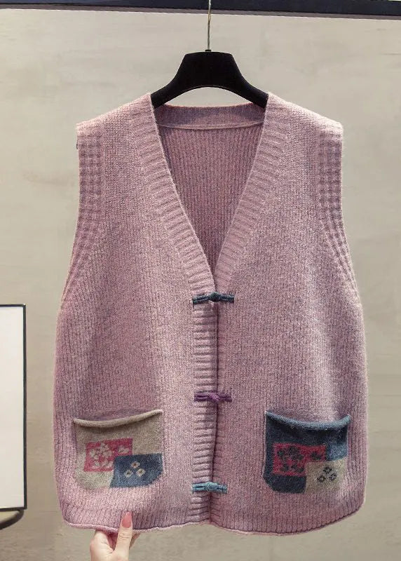Art Dark Blue Chinese Button Patchwork Pockets Knitted Vests Winter
