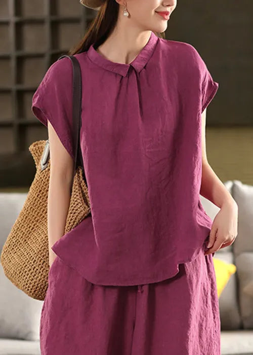 Purple Button Wear on Both Sides Linen Summer Shirts Peter Pan Collar