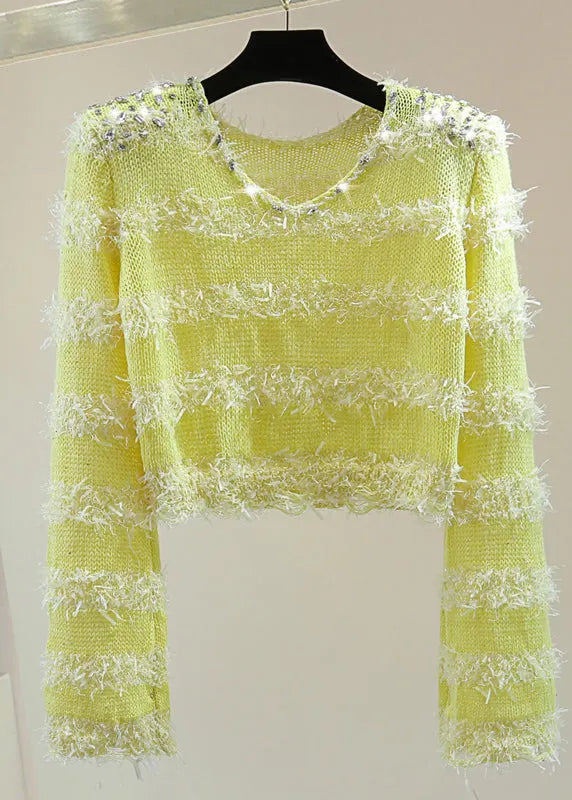 French Green V Neck Nail Bead Tassel Cotton Knit Sweaters Winter