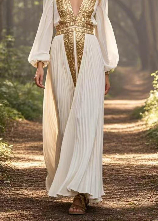 White V Neck Patchwork Chiffon Pleated Dress Spring