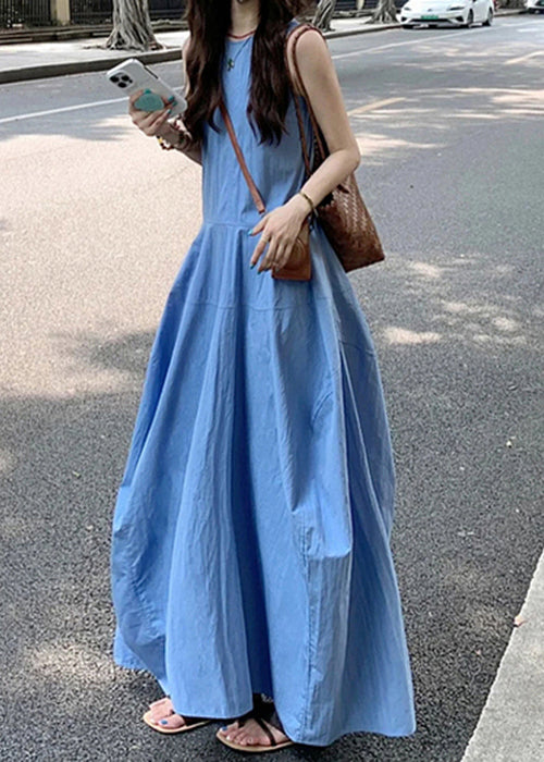 New Blue O Neck Pockets Cotton Long Dress Sleeveless