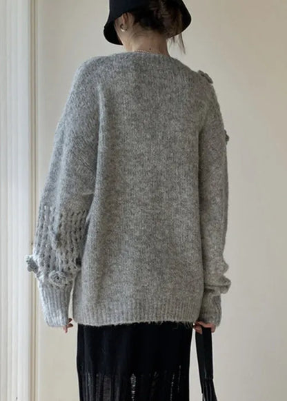Grey Hollow Out Cozy Cotton Knit Winter Sweater V Neck