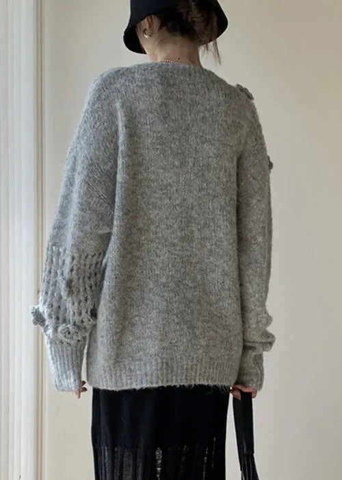Grey Hollow Out Cozy Cotton Knit Winter Sweater V Neck