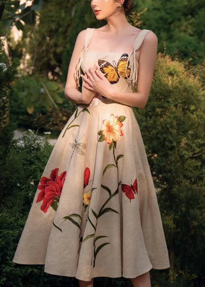 Apricot Embroidered Lace Up Cotton Dresses Sleeveless