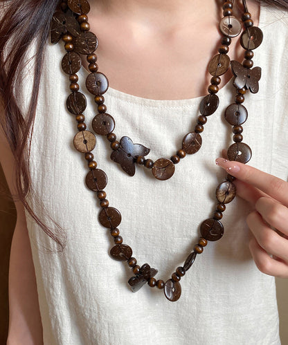 Coffee Wooden Coconut Shell Beading Sweater Gratuated Bead Necklace
