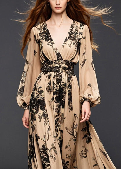 Khaki Cinched Print Chiffon Dresses Fall