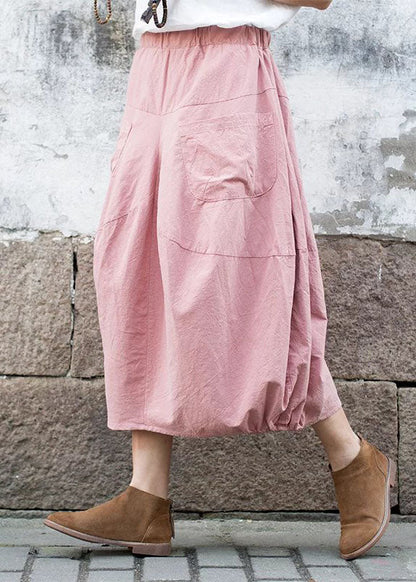 Pink Patchwork Linen a Line Skirt Pockets Color Fall