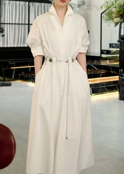 Boutique White Stand Collar Sashes a Line Dress Half Sleeve