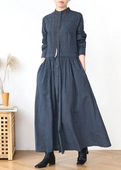 Grey Stand Collar Striped Cotton Shirts Dress Fall