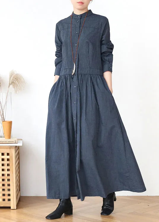 Grey Stand Collar Striped Cotton Shirts Dress Fall