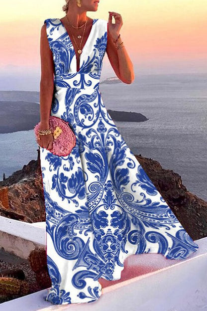 Simplicity Print Split Joint V Neck a Line Dresses