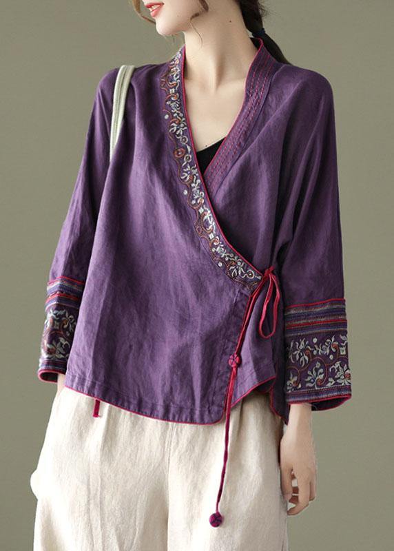 Red Embroidered Long Sleeve Linen Shirt