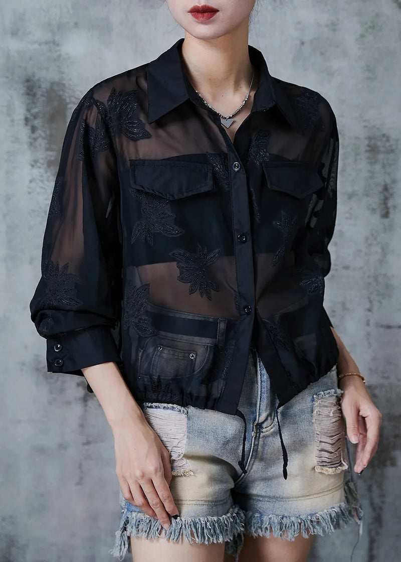 Black Tulle Upf 50+ Coat Jacket Embroidered Drawstring Summer
