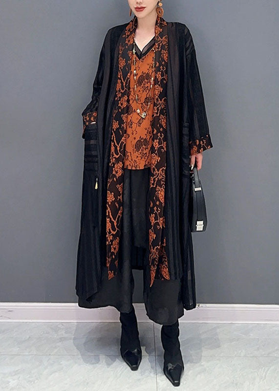 Black Tulle Maxi Cardigans and Print Top Two Pieces Set Fall