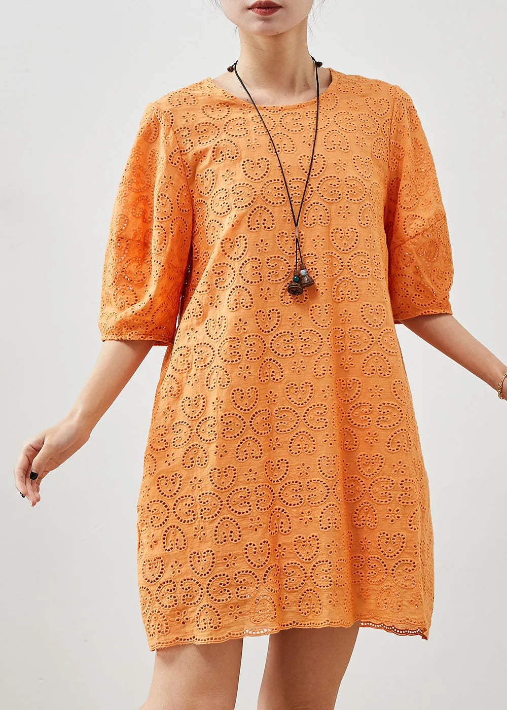 Italian Orange Embroidered Hollow Out Cotton Dress Summer